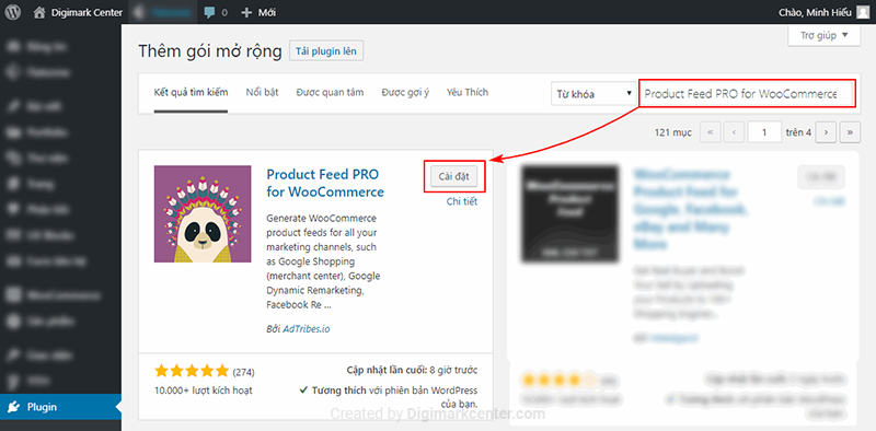 Tìm Plugin có tên Product Feed PRO for WooCommerce để cài đặt và kích hoạt