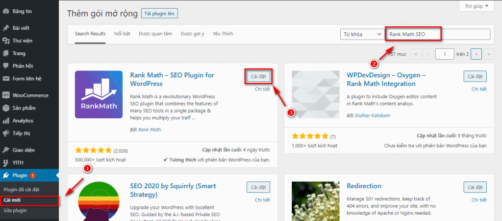 Tìm kiếm và cài đặt plugin Rank Math SEO trên kho plugin của WordPress