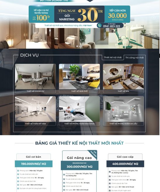 Giao diện website thiết kế, thi công nội thất chuyên nghiệp