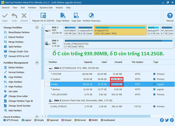 Tăng dung lượng ổ C Minitool Partition Wizard