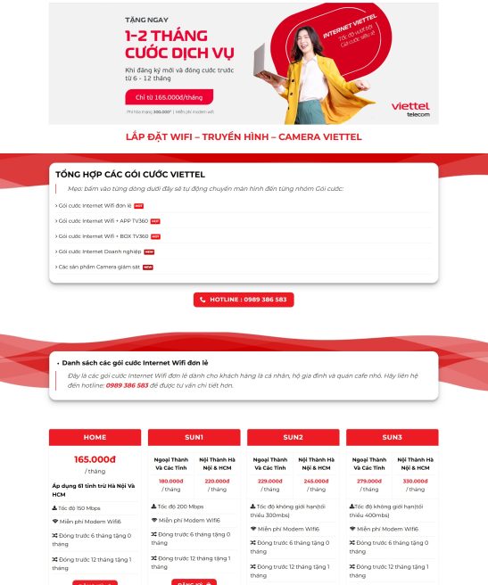 Giao diện website dịch vụ lắp mạng internet viettel